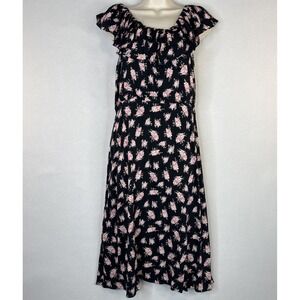 Betsey Johnson Black Pink Rose Print Dress Sz 8 Romantic Boho